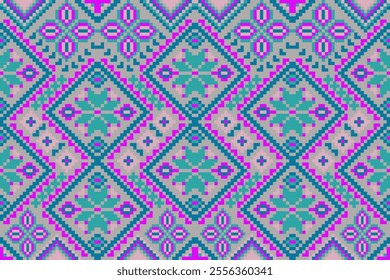 Pixel art ethnic, Pattern fabric pixel, design for background, clothing, decorative, drapery, cloth embroidery, geometric pixel art, handcraft, wallpaper, carpet, bag, card, cushions, Print, ethnic
