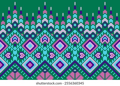 Pixel art ethnic, Pattern fabric pixel, design for background, clothing, decorative, drapery, cloth embroidery, geometric pixel art, handcraft, wallpaper, carpet, bag, card, cushions, Print, ethnic
