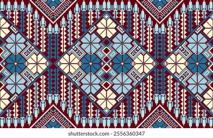 Pixel art ethnic, Pattern fabric pixel, design for background, clothing, decorative, drapery, cloth embroidery, geometric pixel art, handcraft, wallpaper, carpet, bag, card, cushions, Print, ethnic
