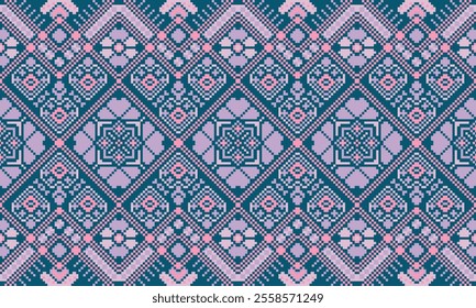 Pixel art ethnic, Pattern fabric pixel, design for background, clothing, decorative, drapery, cloth embroidery, geometric pixel art, handcraft, wallpaper, carpet, bag, card, cushions, Print, ethnic