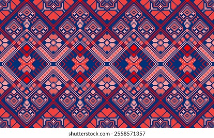 Pixel art ethnic, Pattern fabric pixel, design for background, clothing, decorative, drapery, cloth embroidery, geometric pixel art, handcraft, wallpaper, carpet, bag, card, cushions, Print, ethnic