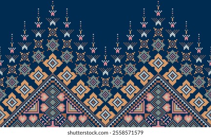 Pixel art ethnic, Pattern fabric pixel, design for background, clothing, decorative, drapery, cloth embroidery, geometric pixel art, handcraft, wallpaper, carpet, bag, card, cushions, Print, ethnic