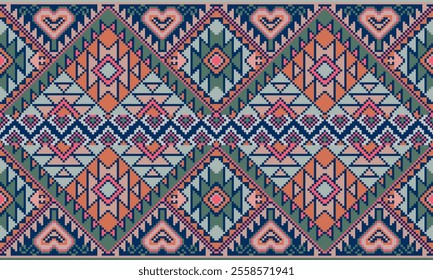 Pixel art ethnic, Pattern fabric pixel, design for background, clothing, decorative, drapery, cloth embroidery, geometric pixel art, handcraft, wallpaper, carpet, bag, card, cushions, Print, ethnic