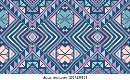 Pixel art ethnic, Pattern fabric pixel, design for background, clothing, decorative, drapery, cloth embroidery, geometric pixel art, handcraft, wallpaper, carpet, bag, card, cushions, Print, ethnic