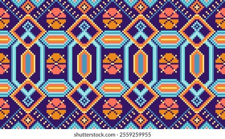 Pixel art ethnic, Pattern fabric pixel, design for background, clothing, decorative, drapery, cloth embroidery, geometric pixel art, handcraft, wallpaper, carpet, bag, card, cushions, Print, ethnic