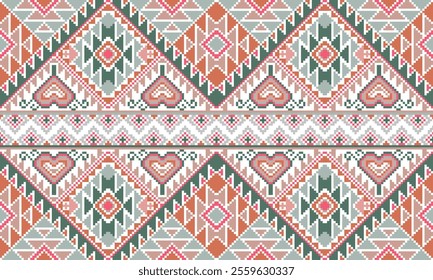 Pixel art ethnic, Pattern fabric pixel, design for background, clothing, decorative, drapery, cloth embroidery, geometric pixel art, handcraft, wallpaper, carpet, bag, card, cushions, Print, ethnic