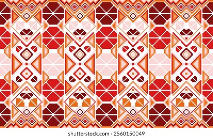 Pixel art ethnic, Pattern fabric pixel, design for background, clothing, decorative, drapery, cloth embroidery, geometric pixel art, handcraft, wallpaper, carpet, bag, card, cushions, Print, ethnic