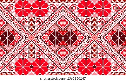 Pixel art ethnic, Pattern fabric pixel, design for background, clothing, decorative, drapery, cloth embroidery, geometric pixel art, handcraft, wallpaper, carpet, bag, card, cushions, Print, ethnic