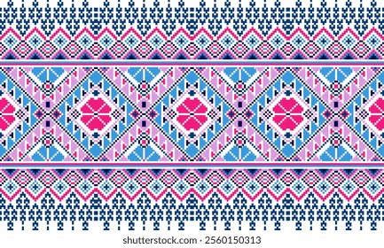 Pixel art ethnic, Pattern fabric pixel, design for background, clothing, decorative, drapery, cloth embroidery, geometric pixel art, handcraft, wallpaper, carpet, bag, card, cushions, Print, ethnic