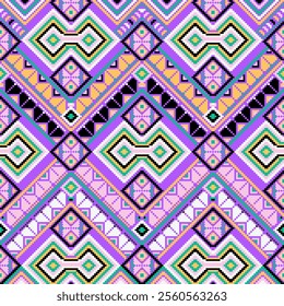 Pixel art ethnic, Pattern fabric pixel, design for background, clothing, decorative, drapery, cloth embroidery, geometric pixel art, handcraft, wallpaper, carpet, bag, card, cushions, Print, ethnic