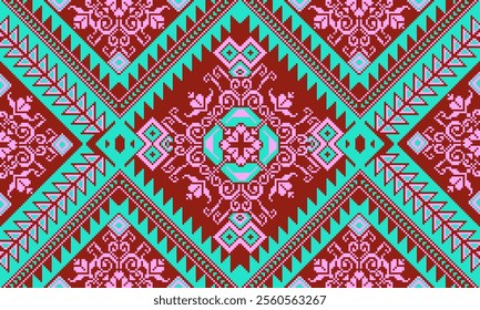 Pixel art ethnic, Pattern fabric pixel, design for background, clothing, decorative, drapery, cloth embroidery, geometric pixel art, handcraft, wallpaper, carpet, bag, card, cushions, Print, ethnic