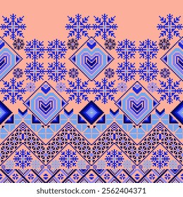 Pixel art ethnic, Pattern fabric pixel, design for background, clothing, decorative, drapery, cloth embroidery, geometric pixel art, handcraft, wallpaper, carpet, bag, card, cushions, Print, ethnic