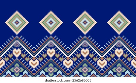 Pixel art ethnic, Pattern fabric pixel, design for background, clothing, decorative, drapery, cloth embroidery, geometric pixel art, handcraft, wallpaper, carpet, bag, card, cushions, Print, ethnic