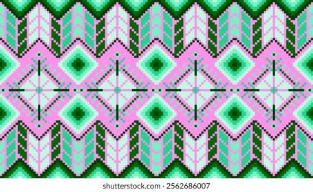 Pixel art ethnic, Pattern fabric pixel, design for background, clothing, decorative, drapery, cloth embroidery, geometric pixel art, handcraft, wallpaper, carpet, bag, card, cushions, Print, ethnic