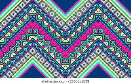 Pixel art ethnic, Pattern fabric pixel, design for background, clothing, decorative, drapery, cloth embroidery, geometric pixel art, handcraft, wallpaper, carpet, bag, card, cushions, Print, ethnic