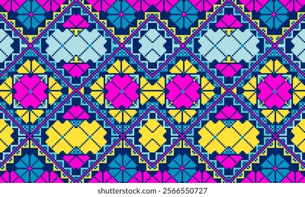 Pixel art ethnic, Pattern fabric pixel, design for background, clothing, decorative, drapery, cloth embroidery, geometric pixel art, handcraft, wallpaper, carpet, bag, card, cushions, Print, ethnic