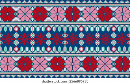 Pixel art ethnic, Pattern fabric pixel, design for background, clothing, decorative, drapery, cloth embroidery, geometric pixel art, handcraft, wallpaper, carpet, bag, card, cushions, Print, ethnic
