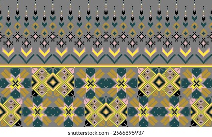 Pixel art ethnic, Pattern fabric pixel, design for background, clothing, decorative, drapery, cloth embroidery, geometric pixel art, handcraft, wallpaper, carpet, bag, card, cushions, Print, ethnic
