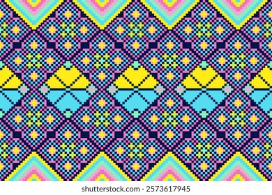 Pixel art ethnic, Pattern fabric pixel, design for background, clothing, decorative, drapery, cloth embroidery, geometric pixel art, handcraft, wallpaper, carpet, bag, card, cushions, Print, ethnic