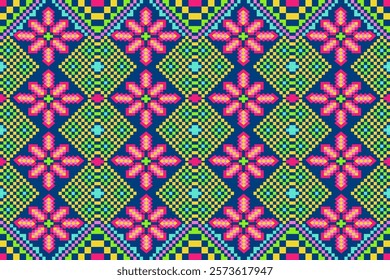 Pixel art ethnic, Pattern fabric pixel, design for background, clothing, decorative, drapery, cloth embroidery, geometric pixel art, handcraft, wallpaper, carpet, bag, card, cushions, Print, ethnic