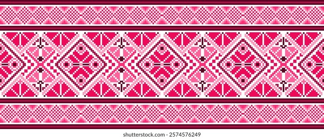 Pixel art ethnic, Pattern fabric pixel, design for background, clothing, decorative, drapery, cloth embroidery, geometric pixel art, handcraft, wallpaper, carpet, bag, card, cushions, Print, ethnic