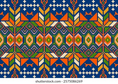 Pixel art ethnic, Pattern fabric pixel, design for background, clothing, decorative, drapery, cloth embroidery, geometric pixel art, handcraft, wallpaper, carpet, bag, card, cushions, Print, ethnic