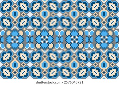 Pixel art ethnic, Pattern fabric pixel, design for background, clothing, decorative, drapery, cloth embroidery, geometric pixel art, handcraft, wallpaper, carpet, bag, card, cushions, Print, ethnic