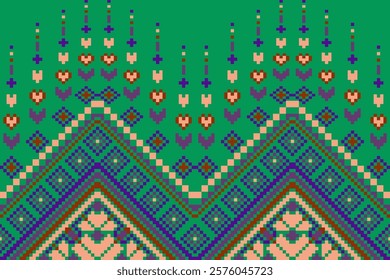 Pixel art ethnic, Pattern fabric pixel, design for background, clothing, decorative, drapery, cloth embroidery, geometric pixel art, handcraft, wallpaper, carpet, bag, card, cushions, Print, ethnic