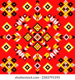 Pixel art ethnic, Pattern fabric pixel, design for background, clothing, decorative, drapery, cloth embroidery, geometric pixel art, handcraft, wallpaper, carpet, bag, card, cushions, Print, ethnic