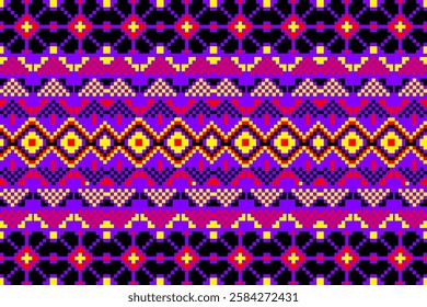 Pixel art ethnic, Pattern fabric pixel, design for background, clothing, decorative, drapery, cloth embroidery, geometric pixel art, handcraft, wallpaper, carpet, bag, card, cushions, Print, ethnic