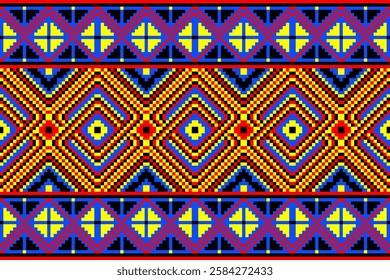 Pixel art ethnic, Pattern fabric pixel, design for background, clothing, decorative, drapery, cloth embroidery, geometric pixel art, handcraft, wallpaper, carpet, bag, card, cushions, Print, ethnic