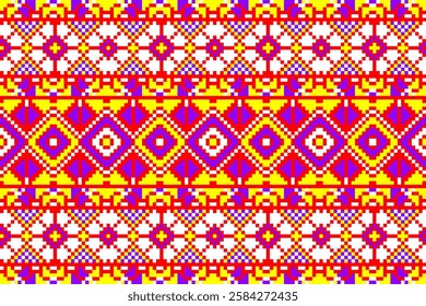 Pixel art ethnic, Pattern fabric pixel, design for background, clothing, decorative, drapery, cloth embroidery, geometric pixel art, handcraft, wallpaper, carpet, bag, card, cushions, Print, ethnic