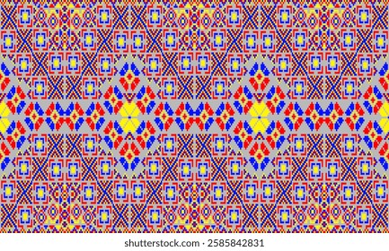 Pixel art ethnic, Pattern fabric pixel, design for background, clothing, decorative, drapery, cloth embroidery, geometric pixel art, handcraft, wallpaper, carpet, bag, card, cushions, Print, ethnic