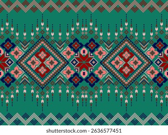 Pixel art ethnic, Pattern fabric pixel, design for background, clothing, decorative, drapery, cloth embroidery, geometric pixel art, handcraft, wallpaper, carpet, bag, card, cushions, Print, ethnic