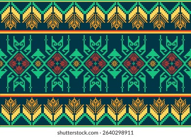 Pixel art ethnic, Pattern fabric pixel, design for background, clothing, decorative, drapery, cloth embroidery, geometric pixel art, handcraft, wallpaper, carpet, bag, card, cushions, Print, ethnic