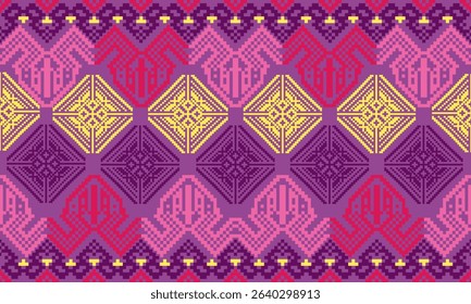 Pixel art ethnic, Pattern fabric pixel, design for background, clothing, decorative, drapery, cloth embroidery, geometric pixel art, handcraft, wallpaper, carpet, bag, card, cushions, Print, ethnic