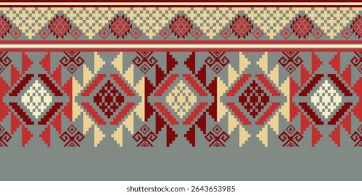 Pixel art ethnic, Pattern fabric pixel, design for background, clothing, decorative, drapery, cloth embroidery, geometric pixel art, handcraft, wallpaper, carpet, bag, card, cushions, Print, ethnic