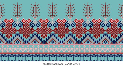Pixel art ethnic, Pattern fabric pixel, design for background, clothing, decorative, drapery, cloth embroidery, geometric pixel art, handcraft, wallpaper, carpet, bag, card, cushions, Print, ethnic