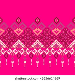 Pixel art ethnic, Pattern fabric pixel, design for background, clothing, decorative, drapery, cloth embroidery, geometric pixel art, handcraft, wallpaper, carpet, bag, card, cushions, Print, ethnic