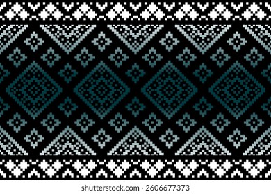 Pixel art ethnic pattern with geometric diamond motifs in gradient blue and white on a black background. Inspired by traditional tribal textiles, perfect for fashion, fabric, and digital design.