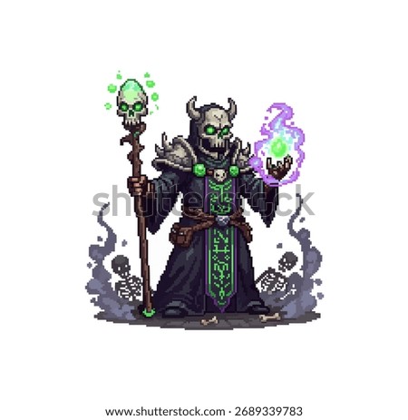 pixel art evil lich necromancer skull staff game sprite