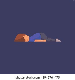 Pixel art exausted male character lying on the floor