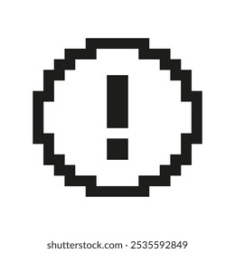 Ausrufezeichen für Pixelgrafik im Kreissymbol. Verpixeltes Ausrufezeichen im Kreis, Symbol für Warnung oder Aufmerksamkeit. Isolierte Vektorgrafik.