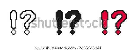 Pixel Art Exclamation And Question Mark Icon Set. Pixelated Design of Exclamation And Question Mark. Isolated Vector Illustration.