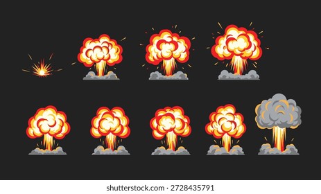 Pixel art explosion animation sequence shown against a dark background illustrates progression from a small spark to a large smoke cloud.