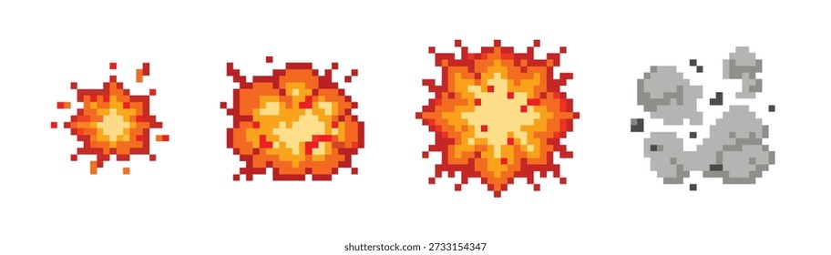 Pixel Kunst Explosion Animation Sprite Blatt mit Feuer Blast und Rauch Rahmen für Retro-Spiel Vermögenswerte.