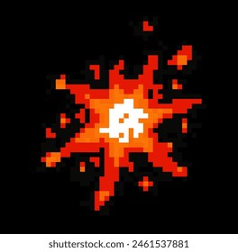 Pixel art of an explosion effect on a dark background. 8-Bit retro game element.