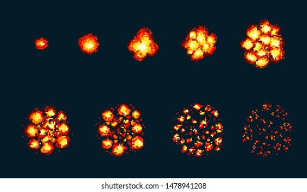 Pixel art explosion. Game icons set. Comic boom flame effects for emotion. Red flames. Animation frame. Process steps, Video fire.