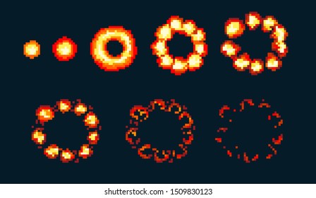 Pixel art explosion. Game icons set. Comic boom flame effects for emotion. Animation frame. Process steps, Video fire.