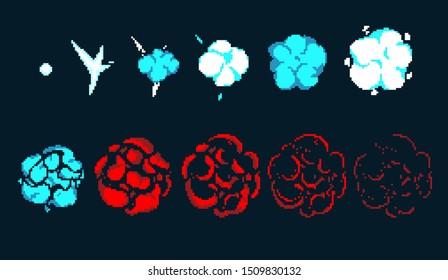 Pixel art explosion. Game icons set. Comic boom flame effects for emotion. Blue and red flames. Animation frame. Process steps, Video fire.